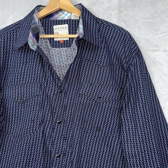 Roper Western Shirt Men’s L Snap Button geometric Patterned Long Sleeve Cowboy - Picture 2 of 12